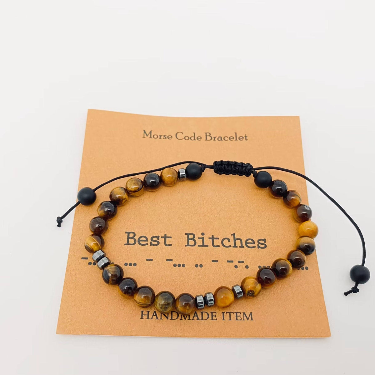 Morse Code Tiger Eye & Matte Beaded Stretch Bracelet
