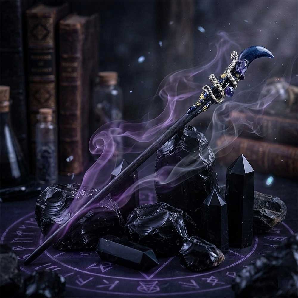 Black Obsidian Moon & Snake Magic Wand w/ Gift Box