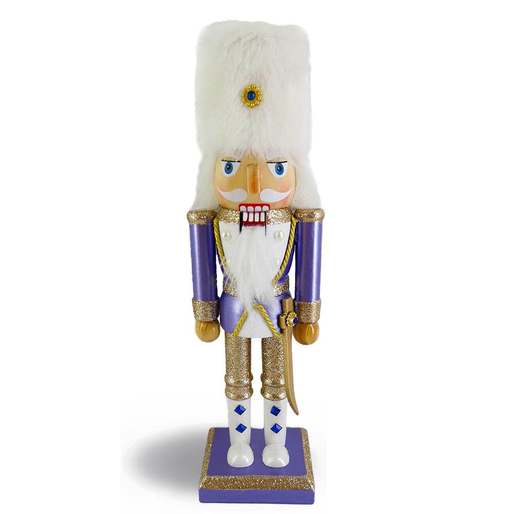 Soldier Nutcracker in Fancy Periwinkle White Fur Hat 10 Inch