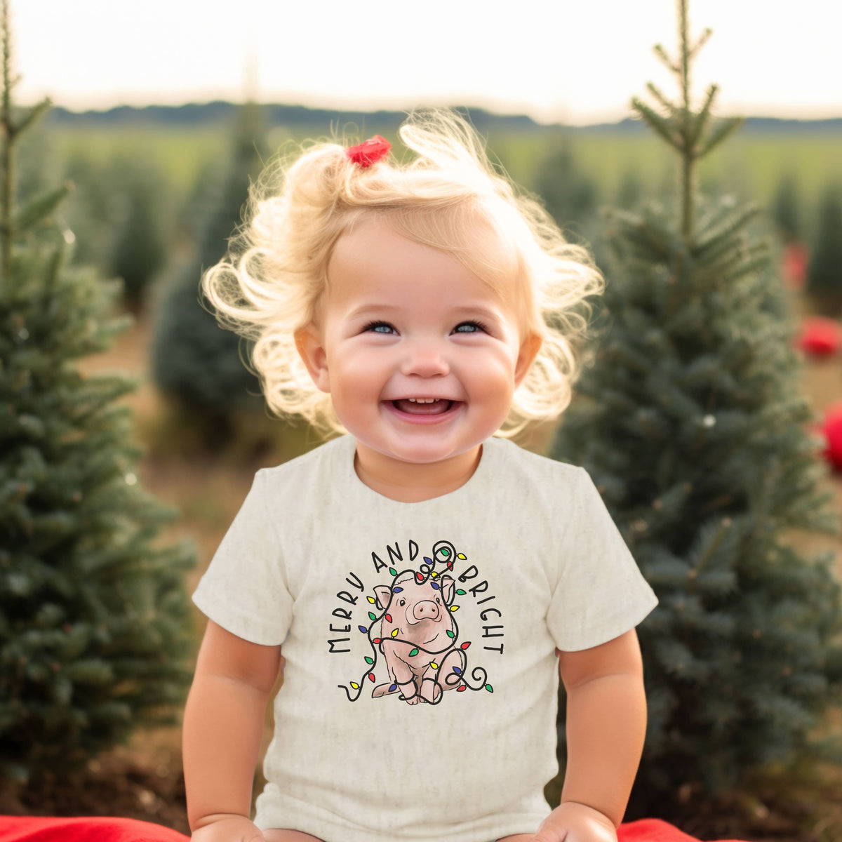 Merry & Bright Cute Pig Country Christmas Baby Bodysuit