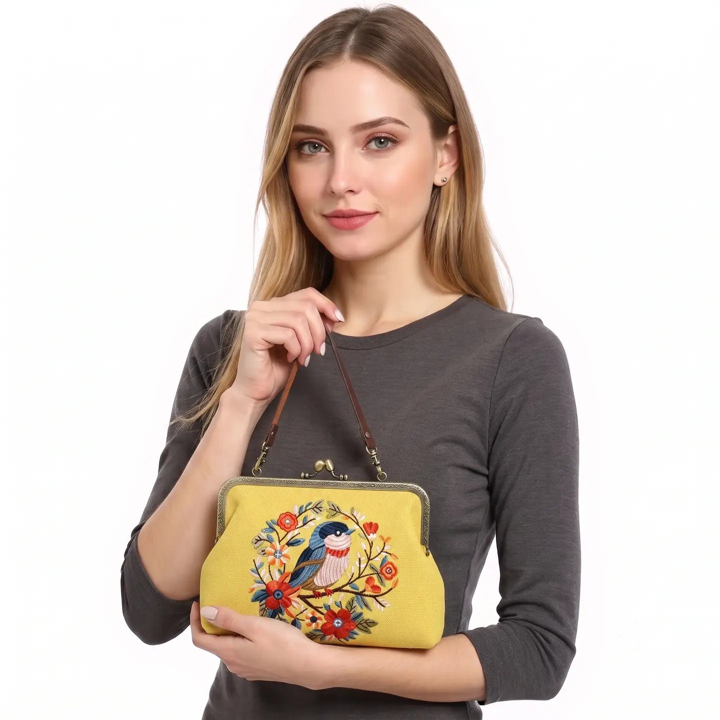 Cute Bird Kiss Lock Bag in Linen Blend