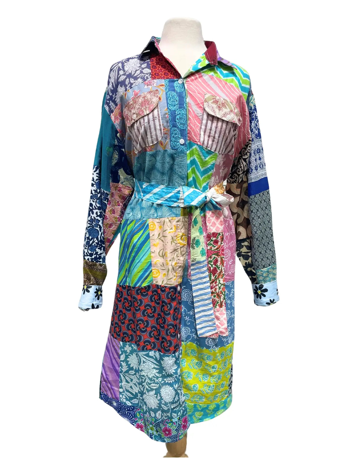 Patchwork Long Sleeve Belted-Down Dress