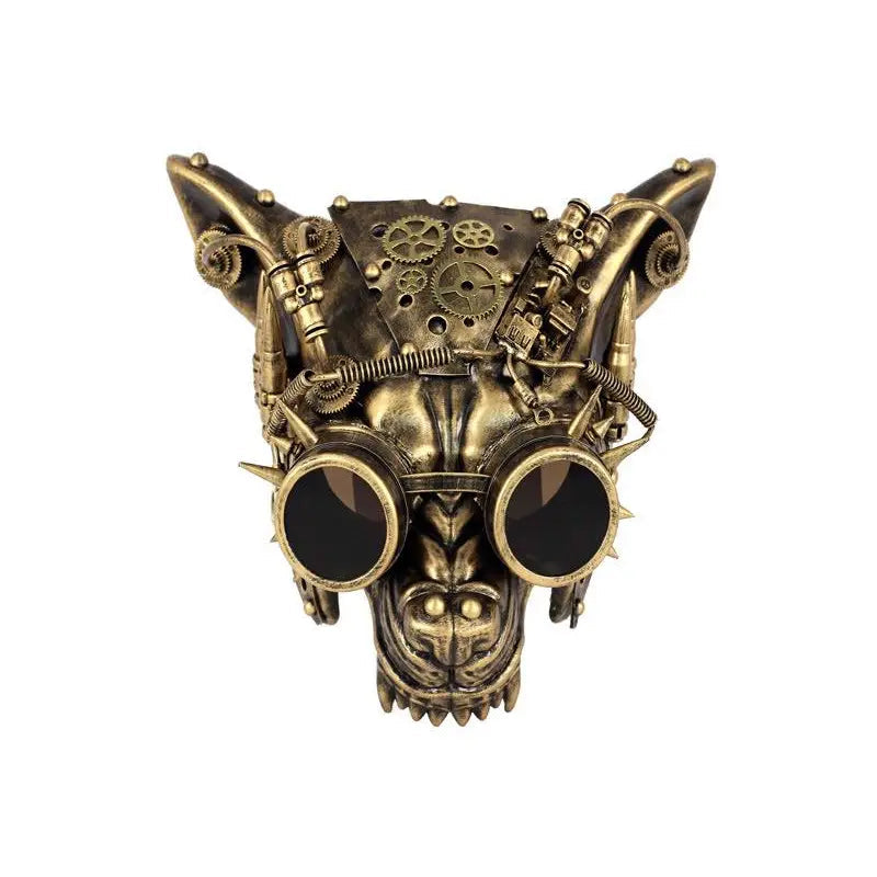 Gold Steampunk Wolf Mask with Goggles