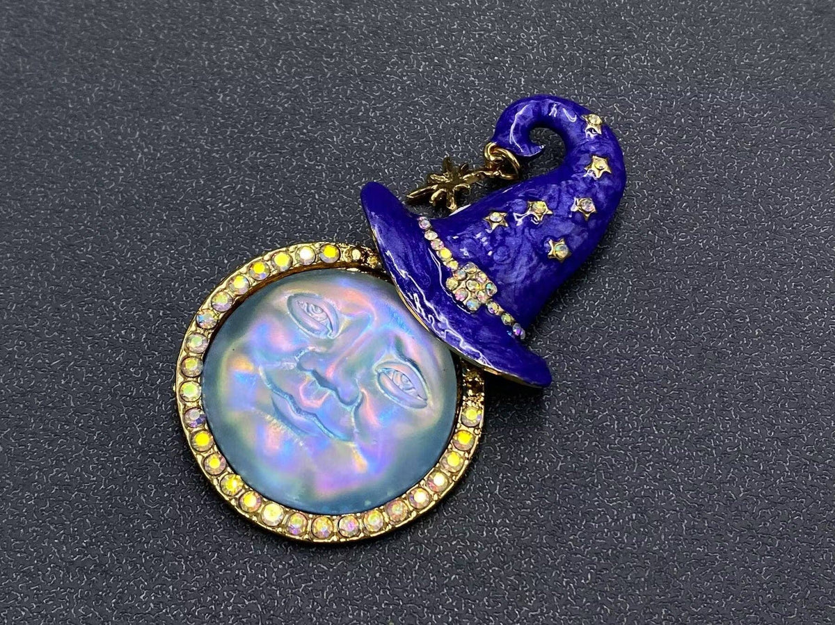 Enamel Moon with Magic Hat Brooch