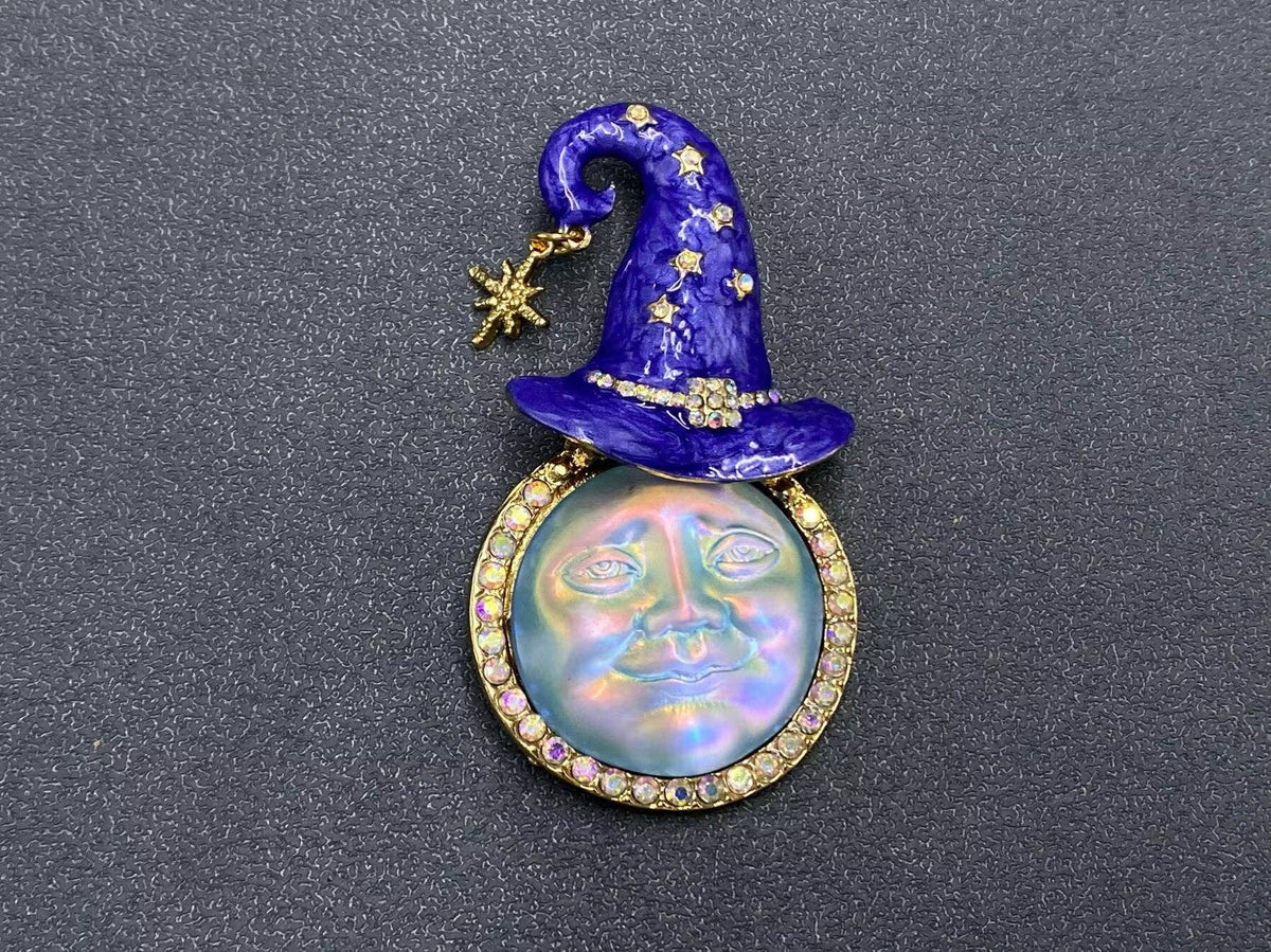 Enamel Moon with Magic Hat Brooch