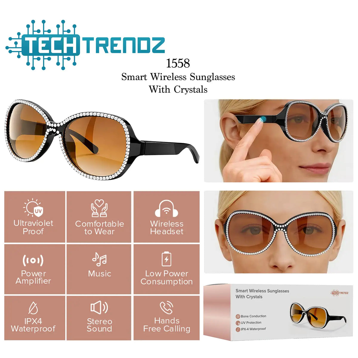 Smart Wireless Glasses W/Crystals