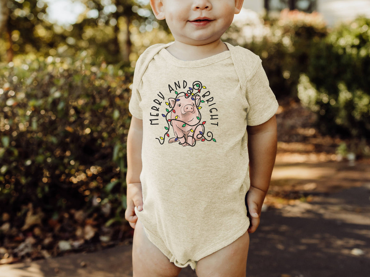 Merry & Bright Cute Pig Country Christmas Baby Bodysuit