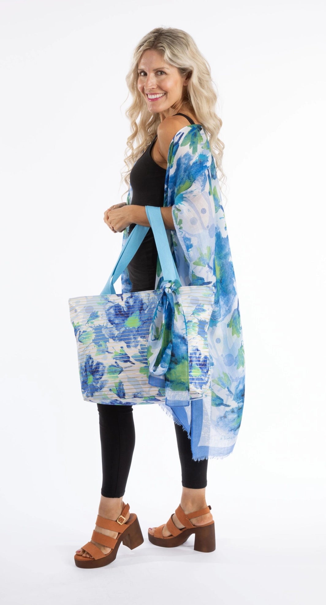 Floral and Gold Striped Tote