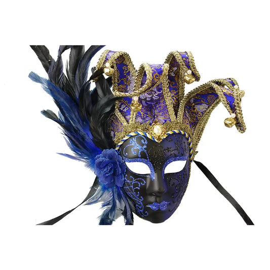 Blue Jester Feather Masquerade Mask