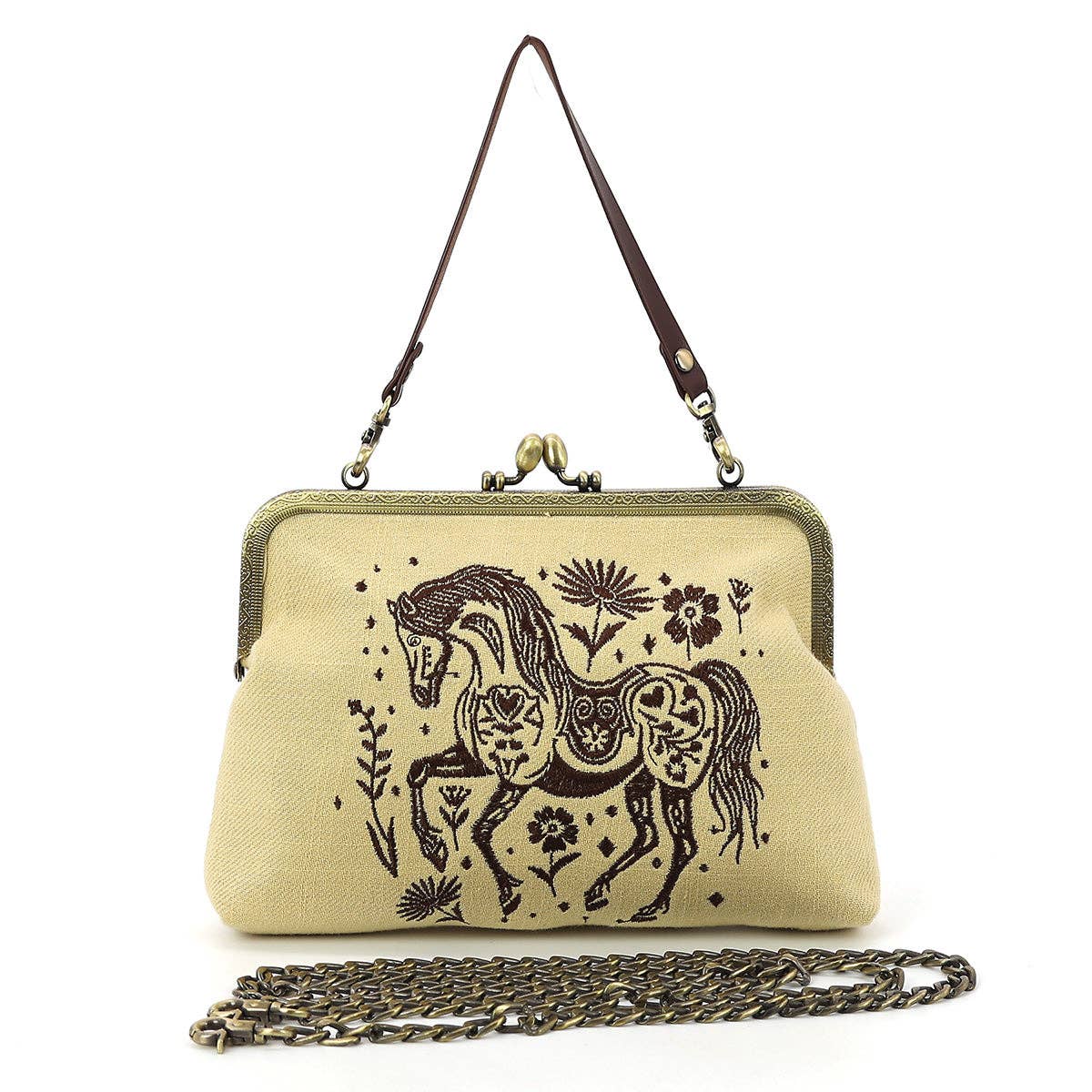 Stenciled Horse Kiss Lock Bag in Linen Blended Material