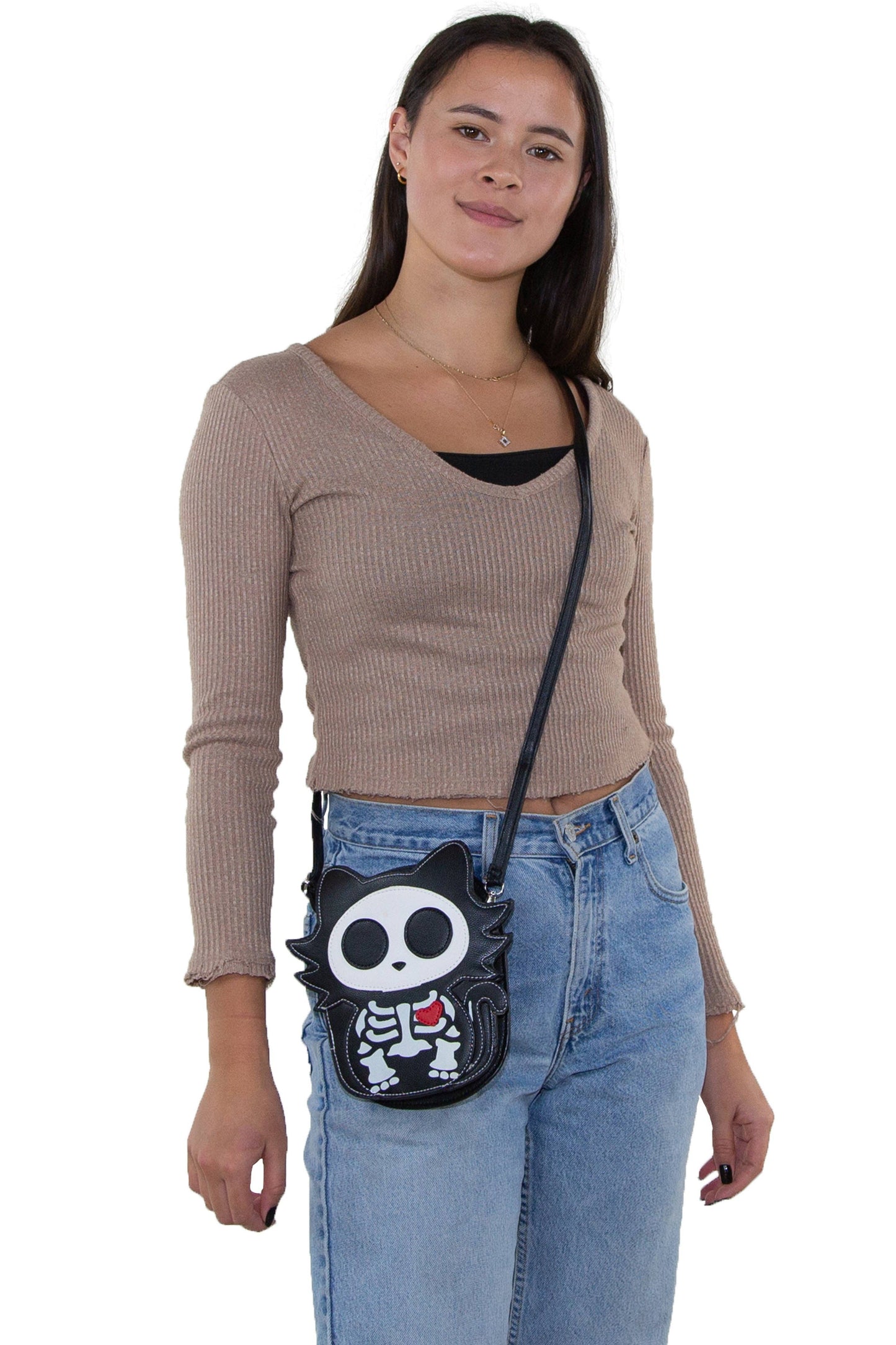 Glow in the Dark Sugar Skull Cat Crossbody Bag in Vinyl