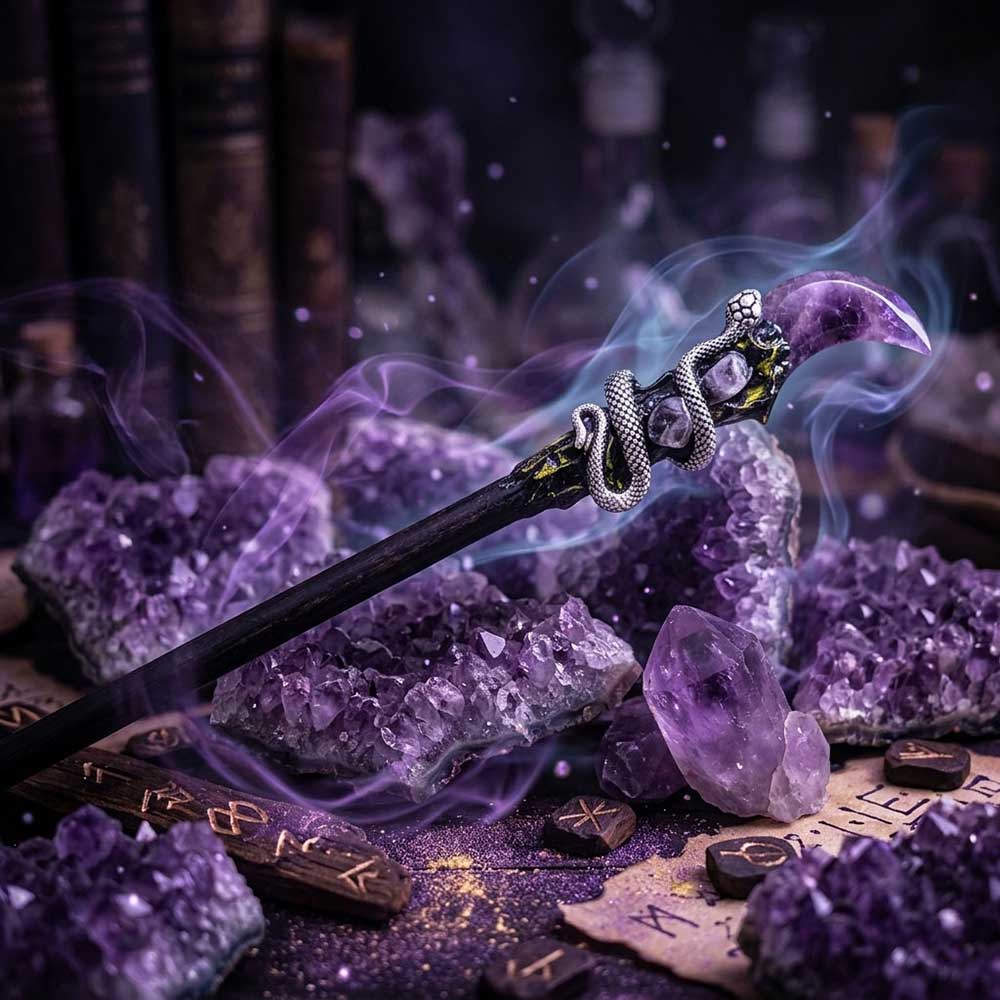 Amethyst Moon & Snake Magic Wand w/ Gift Box
