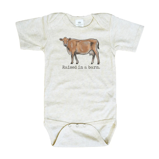 "Raised in A Barn" Cow Onesie