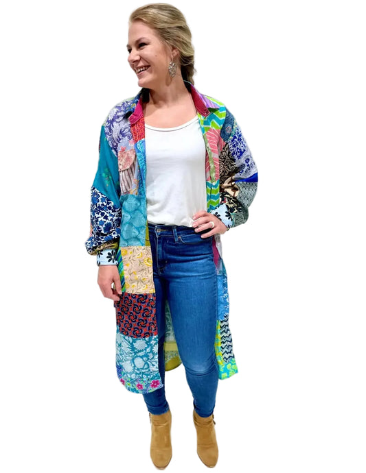 Patchwork Long Sleeve Belted-Down Dress