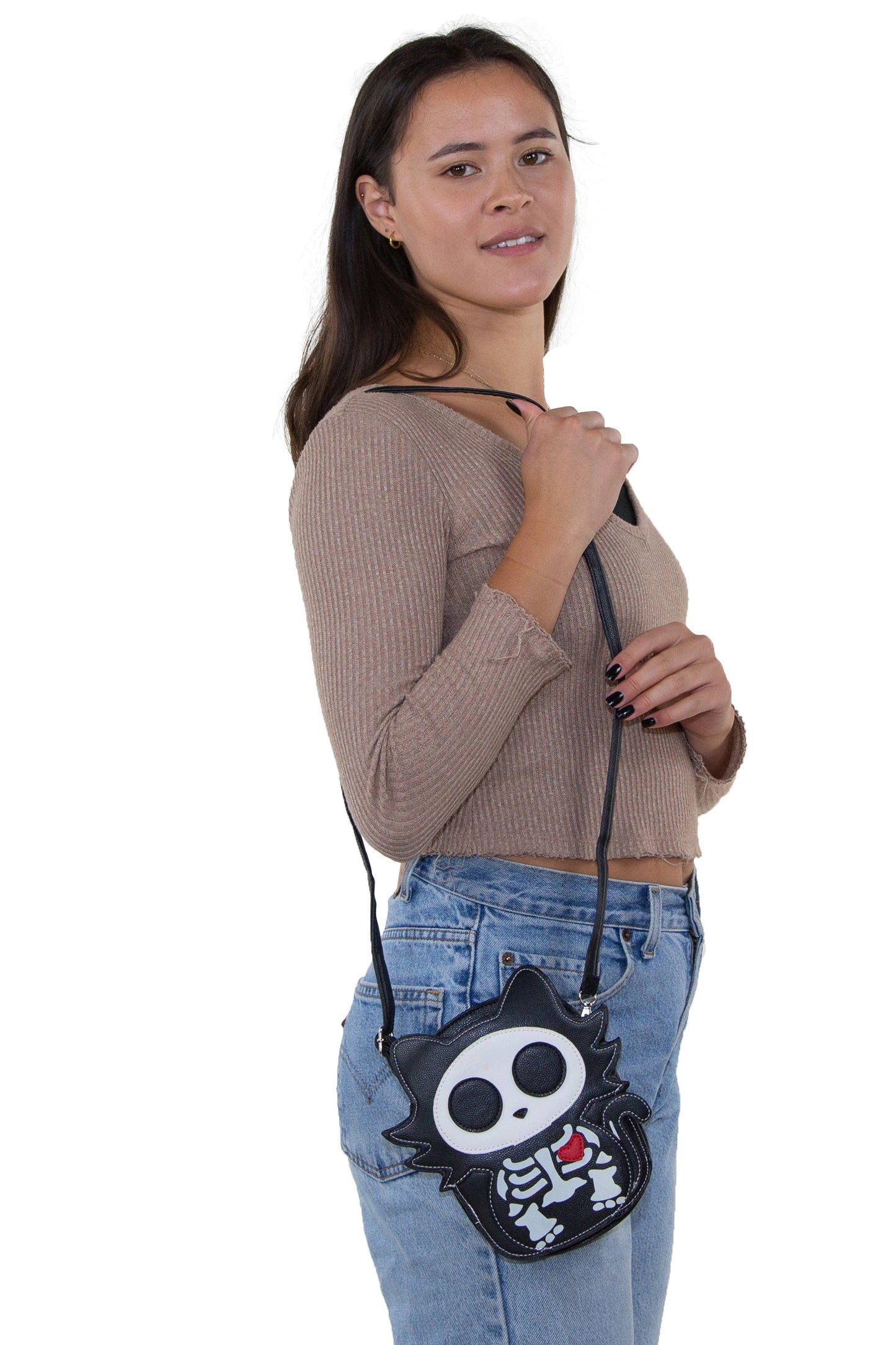 Glow in the Dark Sugar Skull Cat Crossbody Bag in Vinyl