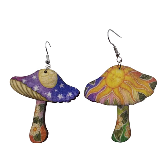 Stars And Moon Wood Mushroom Earrings
