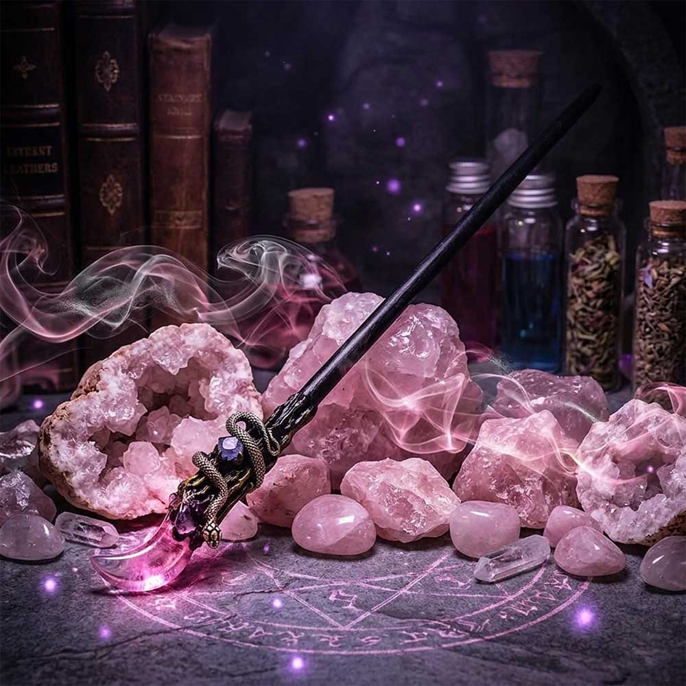 Rose Quartz Moon & Snake Magic Wand w/ Gift Box