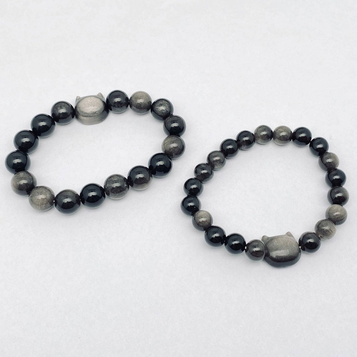 Silver Obsidian Cat-Head Beaded Bracelet