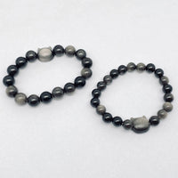 Silver Obsidian Cat-Head Beaded Bracelet