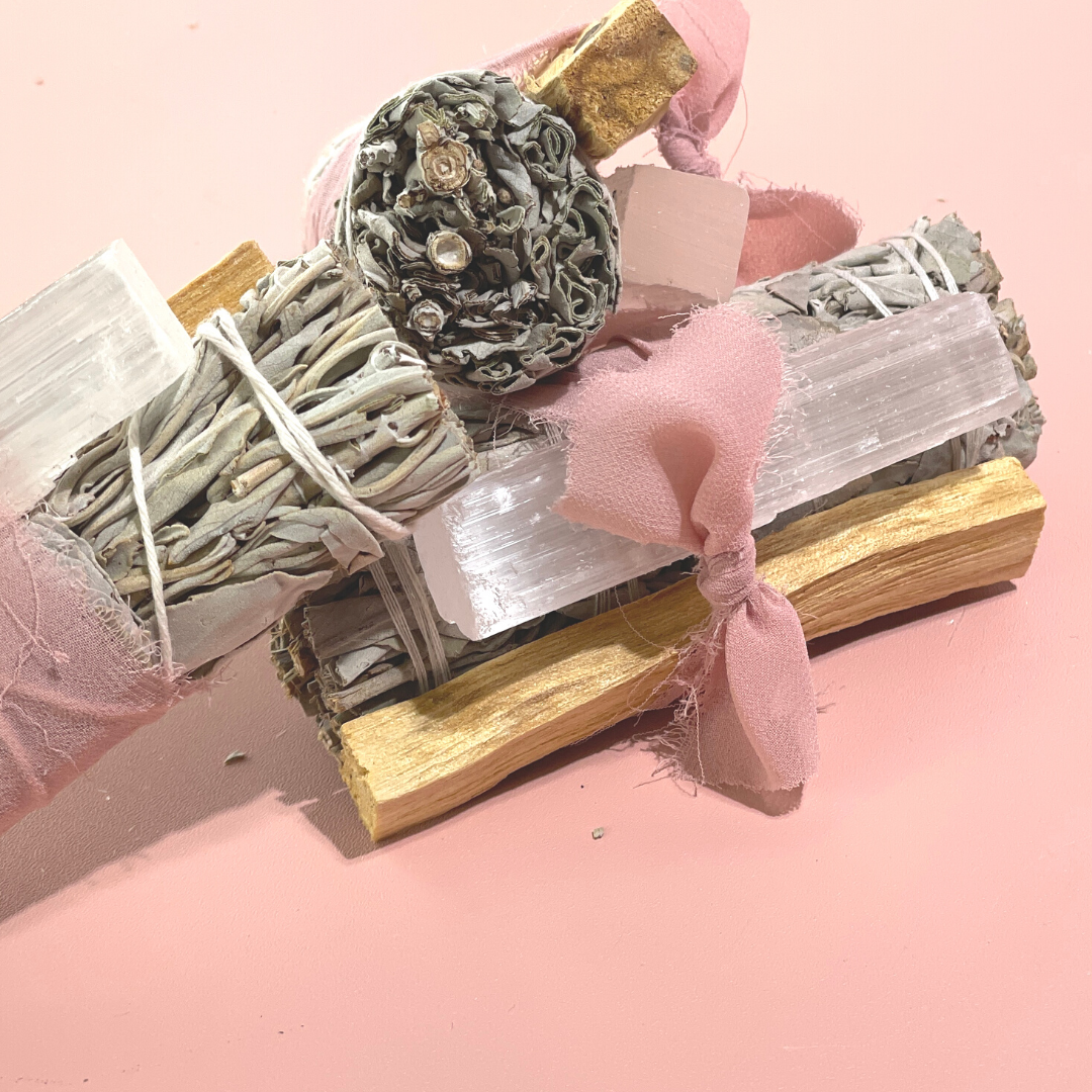 White Sage Protection Bundle with Selenite and Palo Santo Pink Chiffon