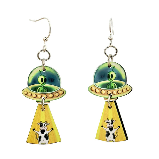 Alien Beam Me Up Wooden Earrings