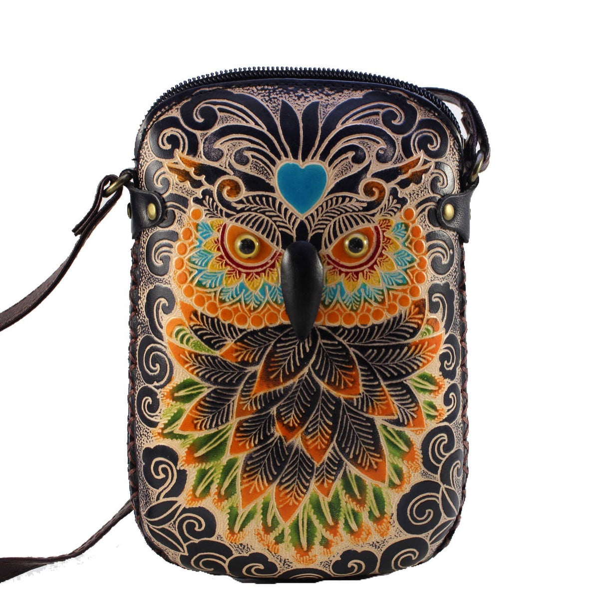 Handmade  Leather Black Owl Pouch purse handbag crossbody