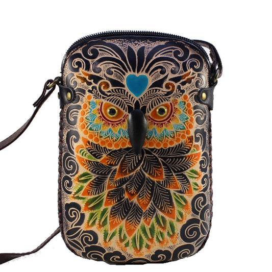 Handmade  Leather Black Owl Pouch purse handbag crossbody