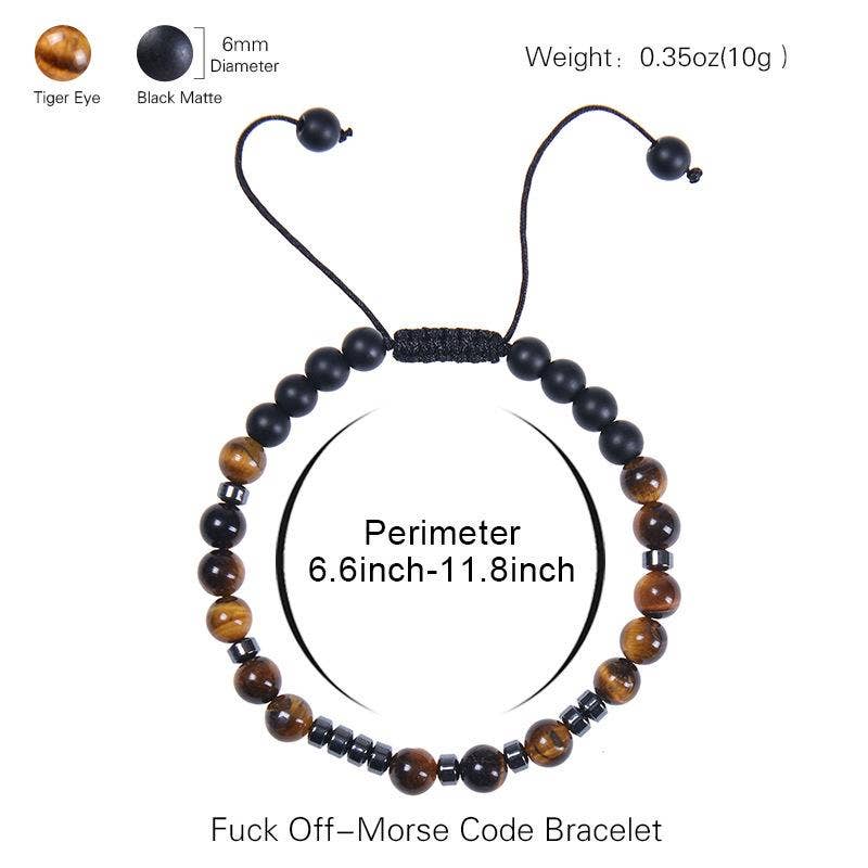 Morse Code Tiger Eye & Matte Beaded Stretch Bracelet