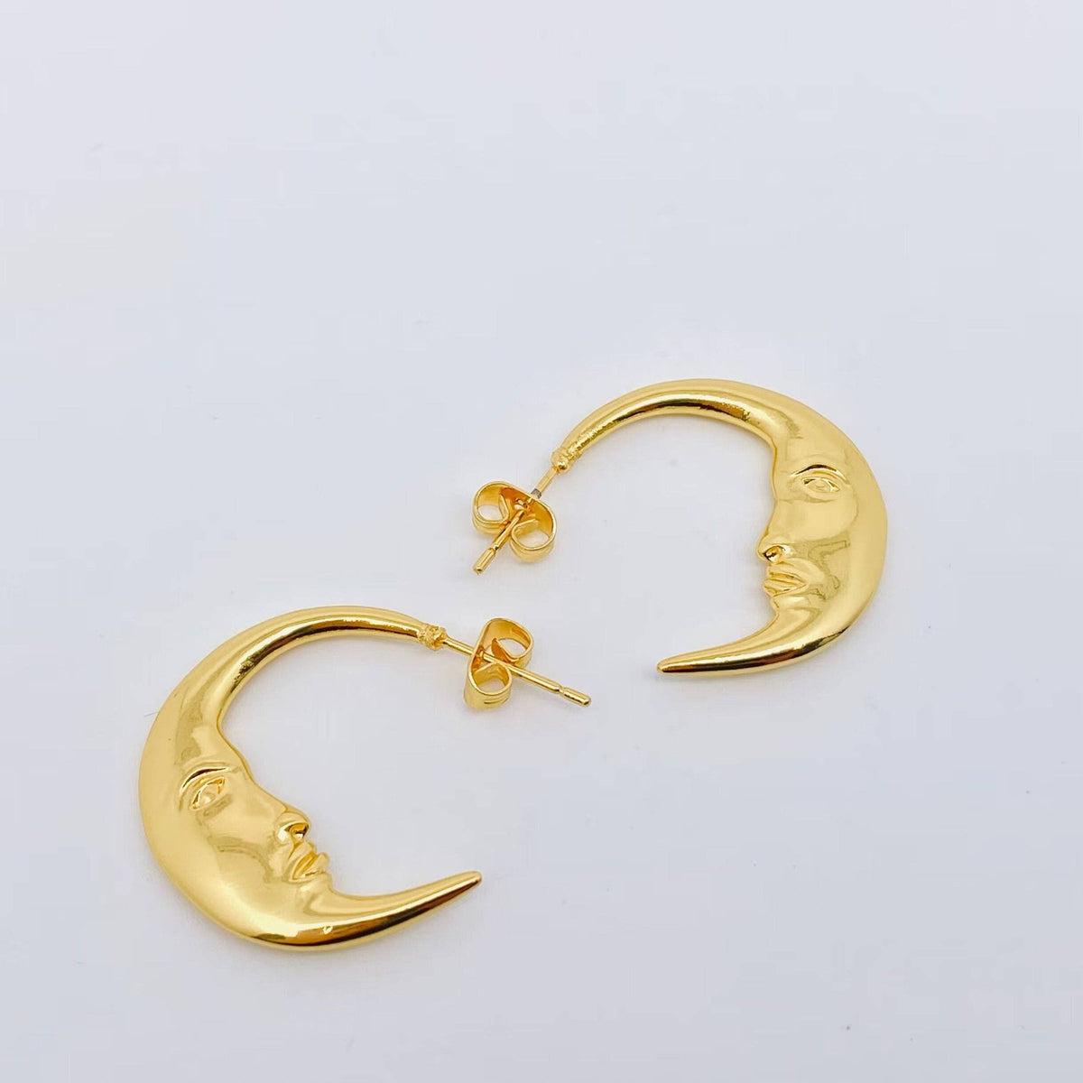 Mysterious Moon Face Gold-Plated Hoop Earrings