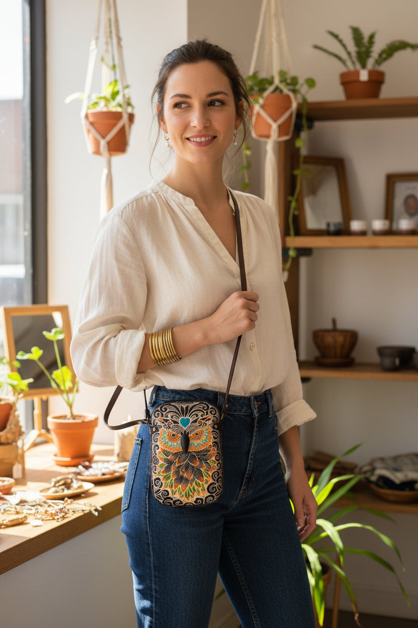 Handmade  Leather Black Owl Pouch purse handbag crossbody