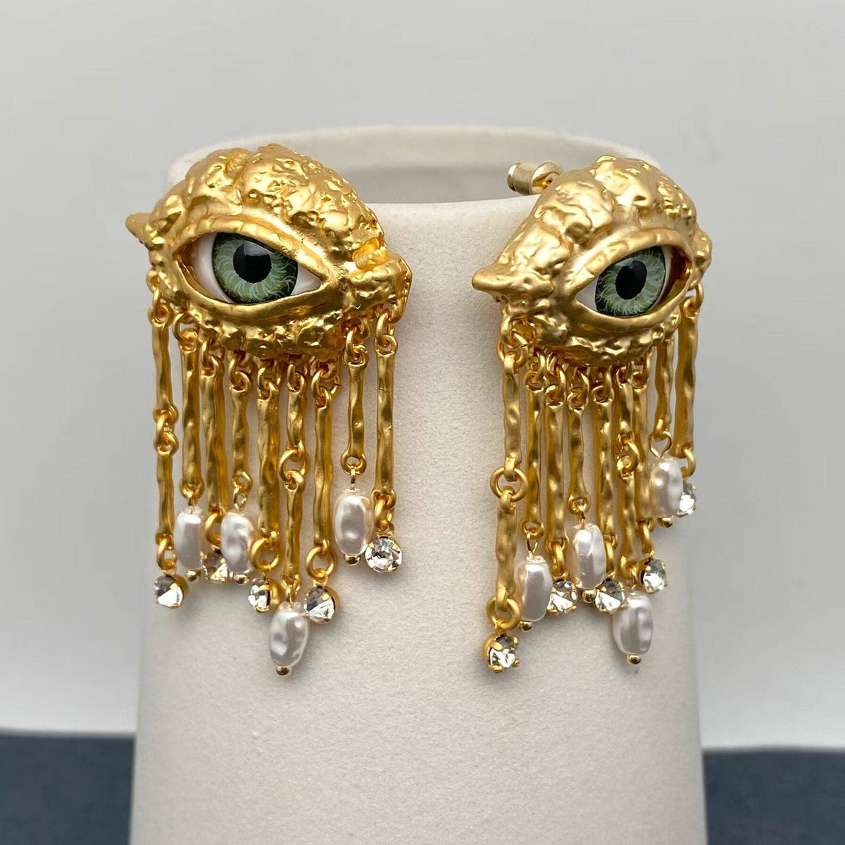 Turkey Evil Eye Pearl &amp; CZ Tassel Earrings