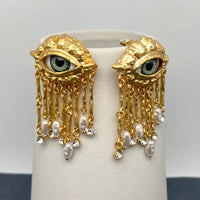 Turkey Evil Eye Pearl &amp; CZ Tassel Earrings