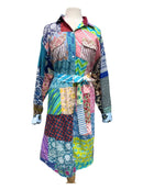 Patchwork Long Sleeve Belted-Down Dress