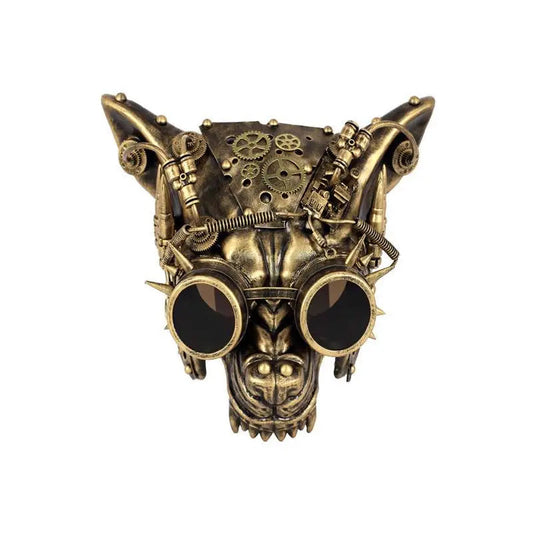 Gold Steampunk Wolf Mask with Goggles