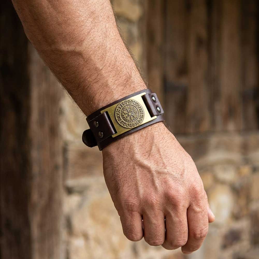 Viking Runes Vegvisir Brown Vegan Leather Adjustable Bracelet
