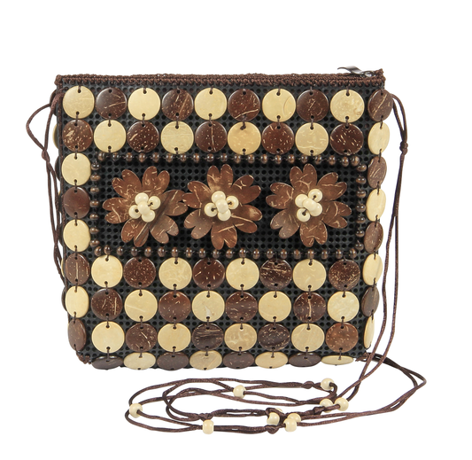 Brown & White Wooden Beaded Bag Crossbody