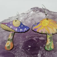 Stars And Moon Wood Mushroom Earrings