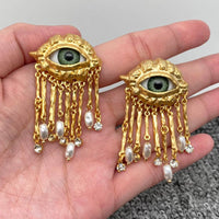 Turkey Evil Eye Pearl &amp; CZ Tassel Earrings