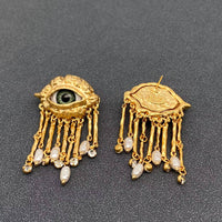 Turkey Evil Eye Pearl &amp; CZ Tassel Earrings