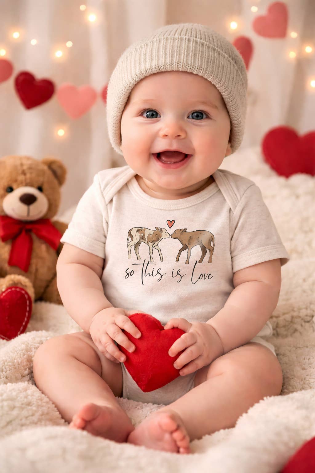 So this is love cow Baby Valentines Day Bodysuit