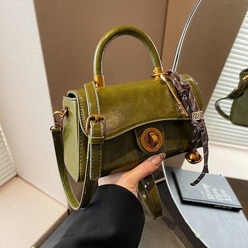 Decorative Key & Tassel Detail Glossy Top-Handle Bag