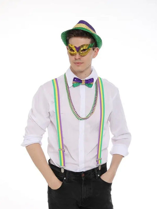 Mardi Gras Accessory Set — Hat, Suspenders, Bow Tie and Bead