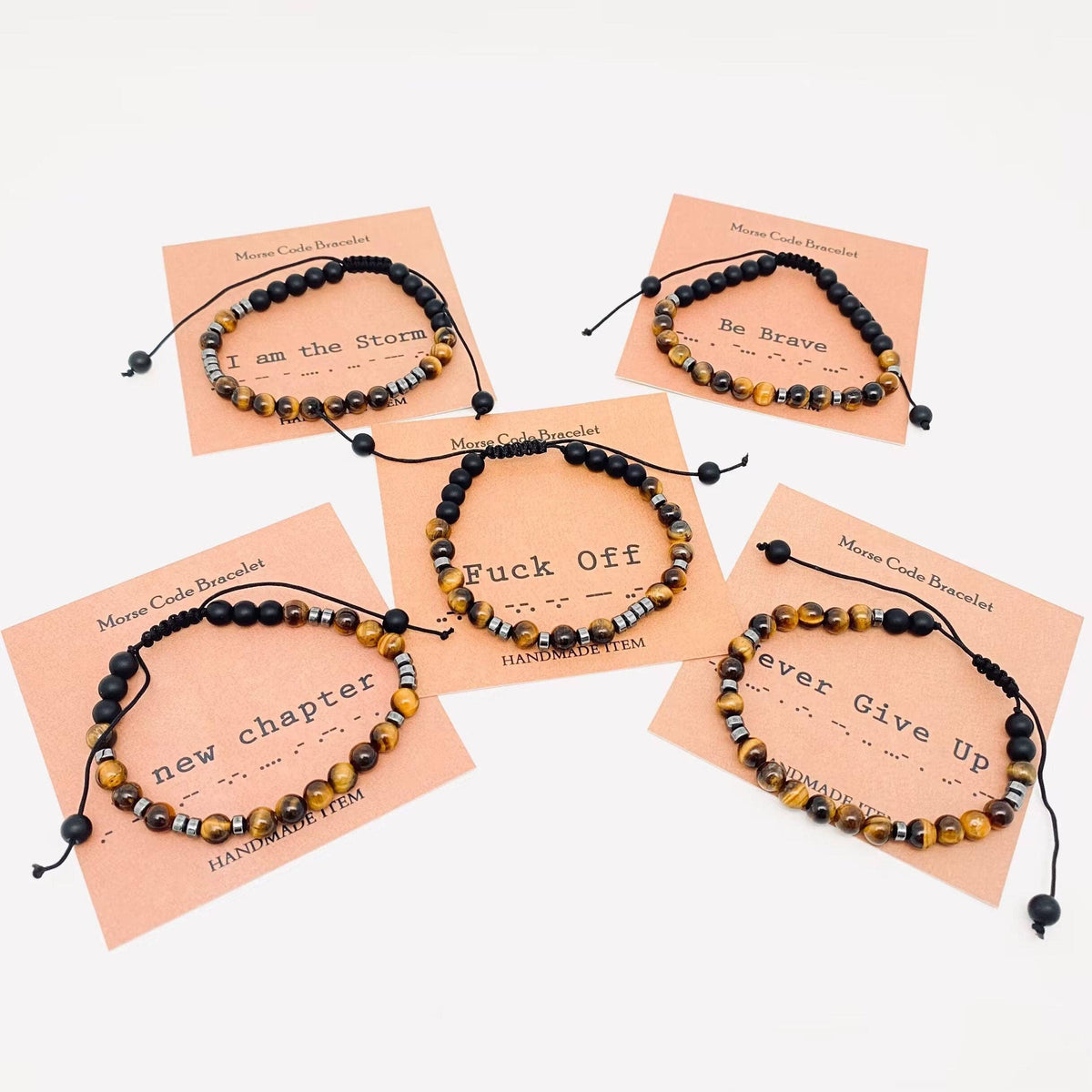 Morse Code Tiger Eye & Matte Beaded Stretch Bracelet