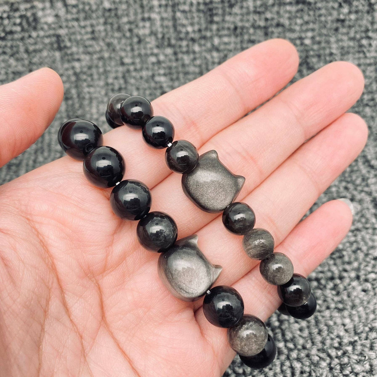 Silver Obsidian Cat-Head Beaded Bracelet