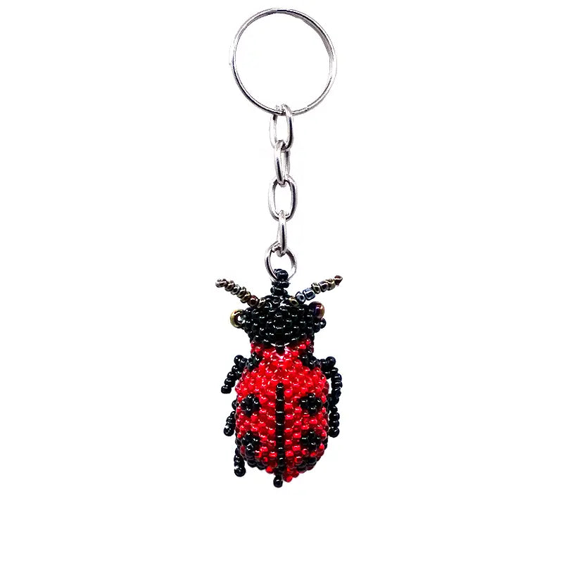 Beaded Red Ladybug Seed Bead Figurine Keychain