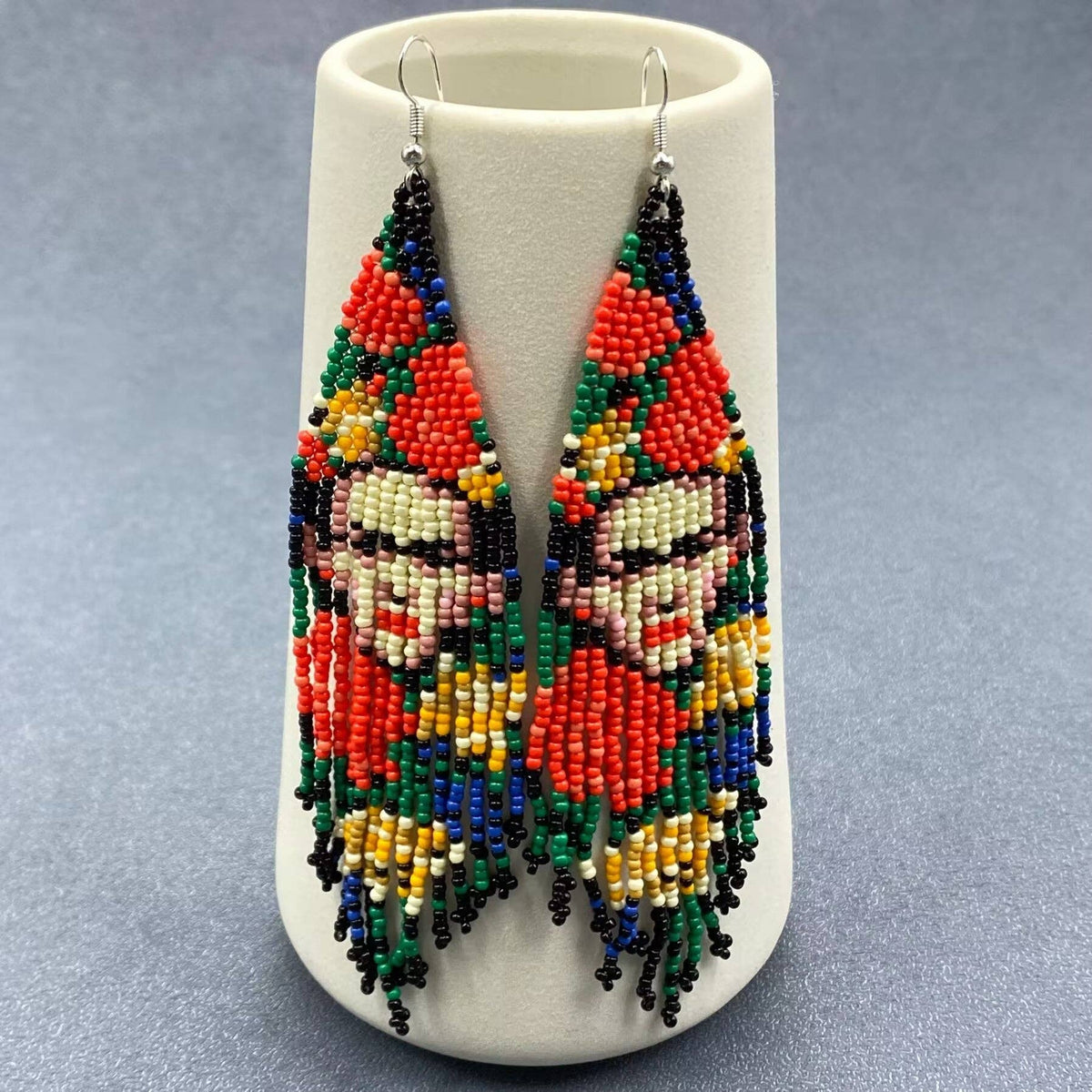 Face Pattern Seed-Bead Fringe Earrings