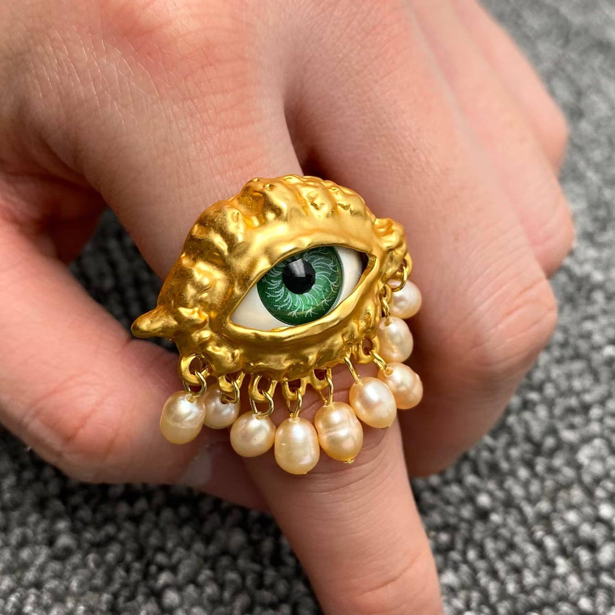 Vintage Pearl Fringe Evil Eye Adjustable Ring