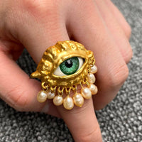 Vintage Pearl Fringe Evil Eye Adjustable Ring
