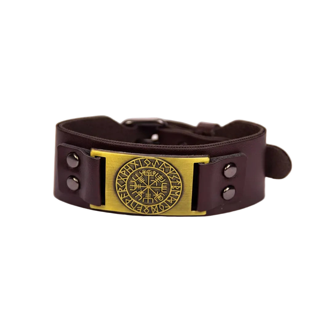 Viking Runes Vegvisir Brown Vegan Leather Adjustable Bracelet