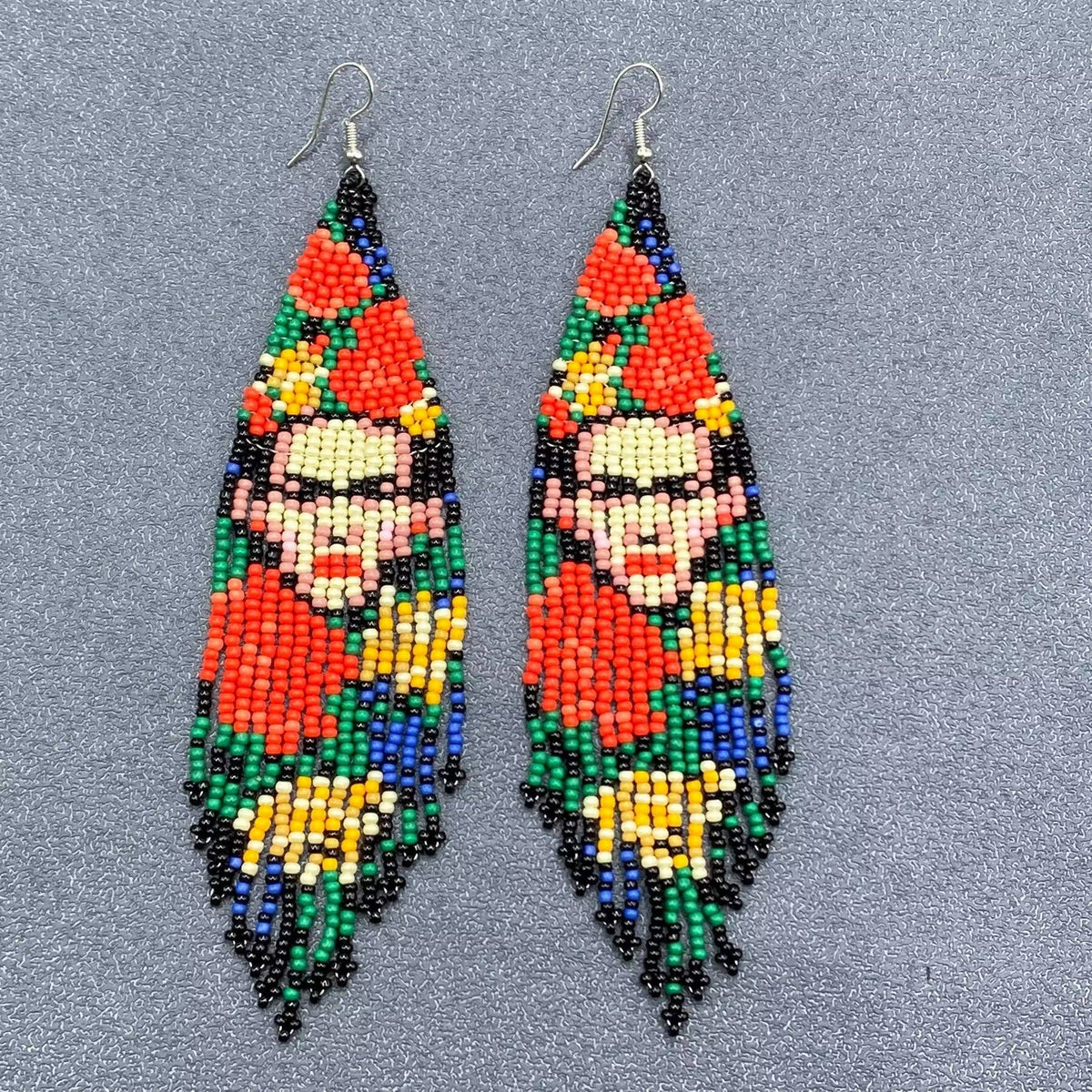 Face Pattern Seed-Bead Fringe Earrings